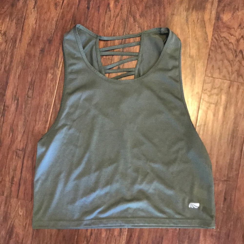 Olive Green White Marika workout top. Size M.